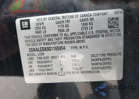 2016 Chevrolet Equinox Lt из США, поврежденный, VIN 2GNALCEK8G1165954